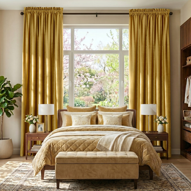 Velvet Light Blocking Thermal Insulated Curtain Panel. Room Darkening Window Rod Pocket Drapes Set of 2, GOLD, 52"W x 90"L