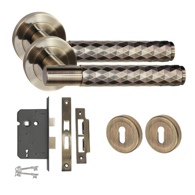 Golden Grace Knurled Diamond Cut T-Bar Door Handle Lock Set with Thumbturn and Mortise Lock