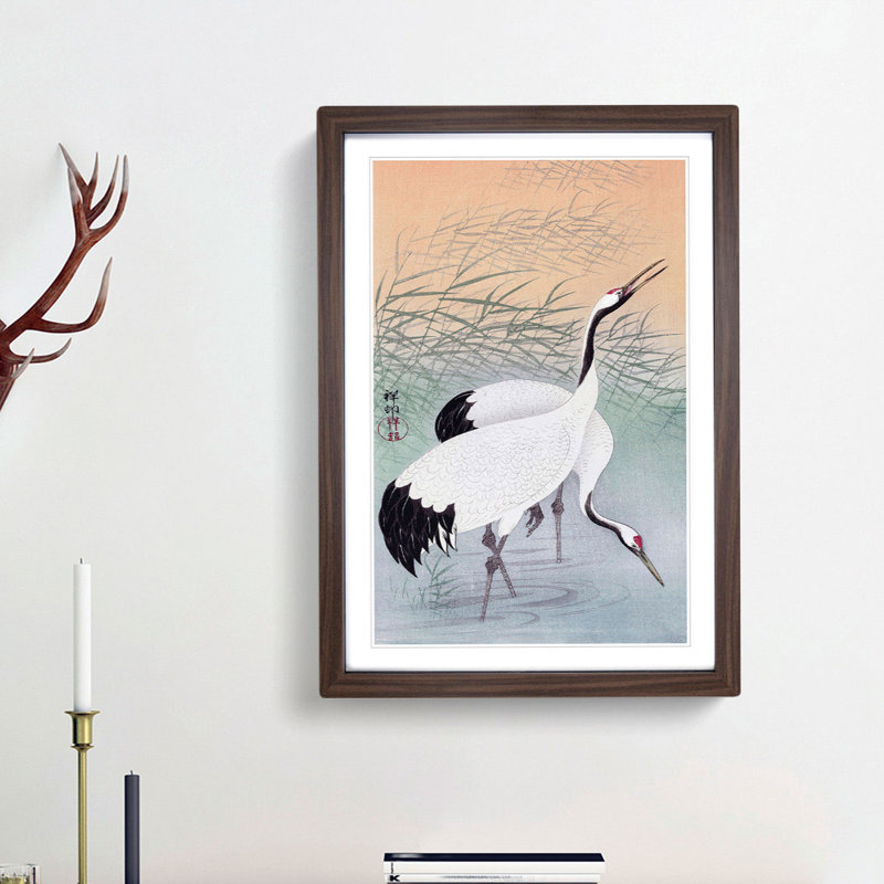 Two Cranes by Ohara Koson - Framed Print, 65cm H x 48cm W x 2cm D, Walnut Framed