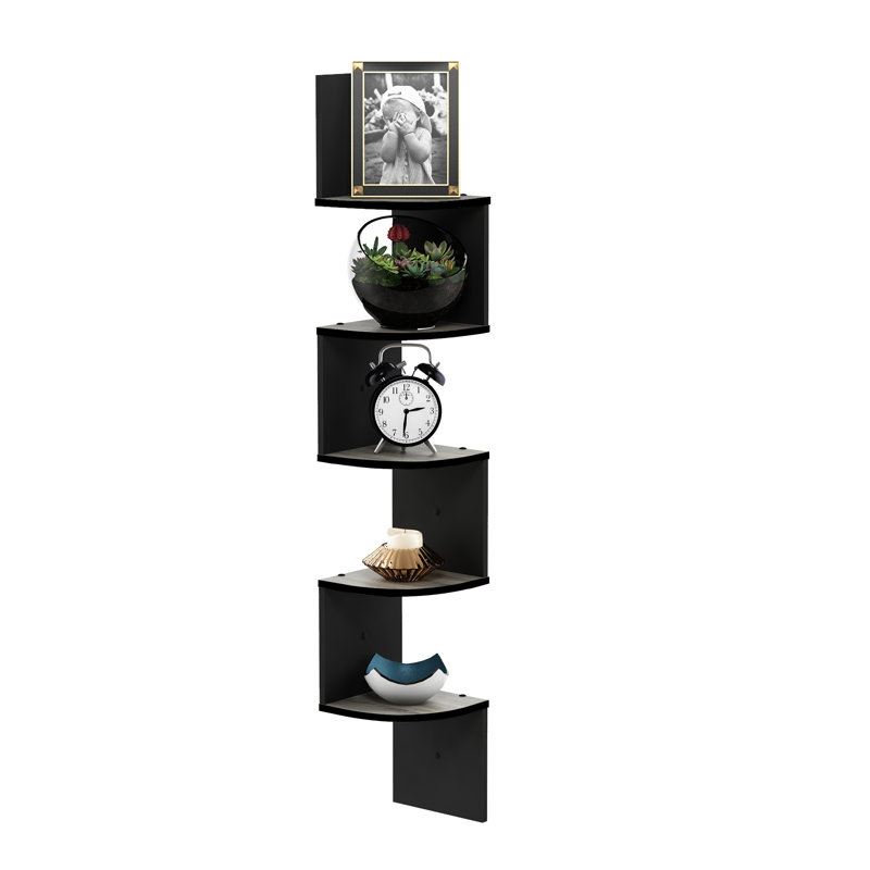 Traeshon Wrought Studio Gionnie 5-Tier Wall Mount Floating Radial Corner Shelf, French Oak Gray/Black