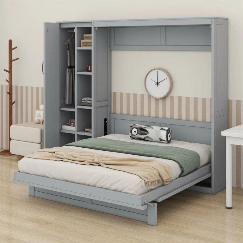 Gulshara Murphy Bed Wall Bed With Shelves, Wardrobe And LED Lights, Gray, Queen