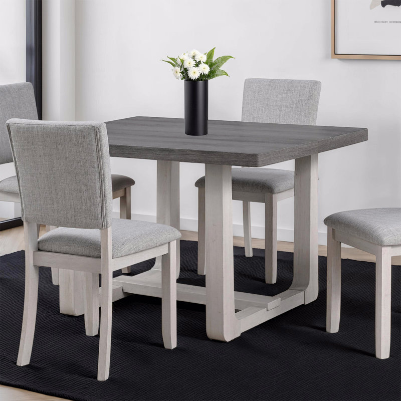 Transitional Dining Table Grey Wood Rectangle Trestle Base, Light Grey/Grey