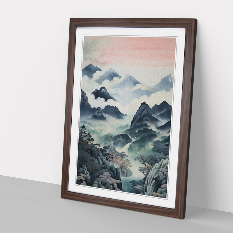 Japanese Mountains Contemporary - Framed Print, 34cm H x 25cm W x 2cm D, Walnut 