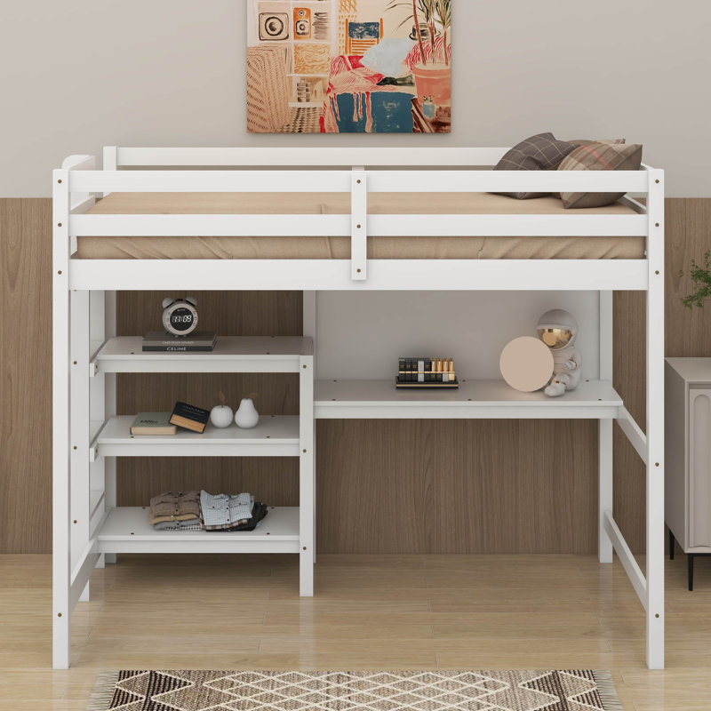 Twin Size Wooden Loft Bed With Shelves, Desk And Writing Board, Twin, White