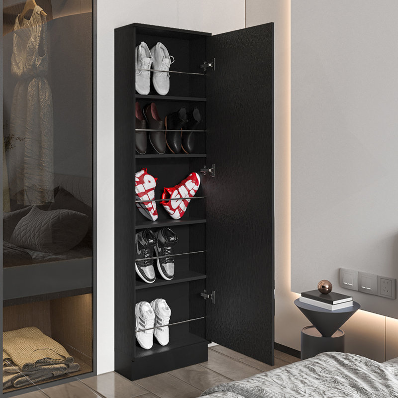 Shoe Rack, Mirror, Five Interior Shelves, Single Door Cabinet, Black