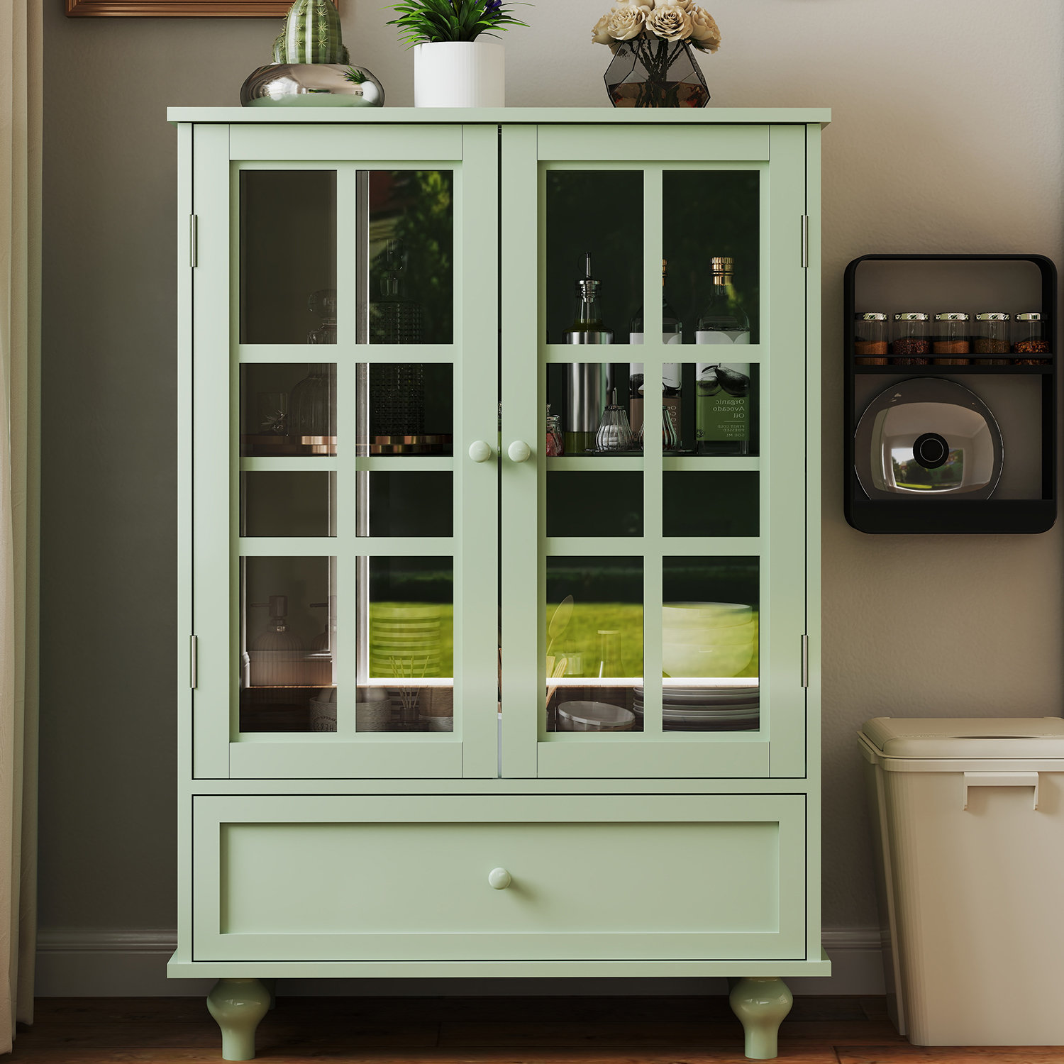 Charlton Home® Modern Wooden Storage Sideboard With Double Glass Doors And Drawers | Wayfair