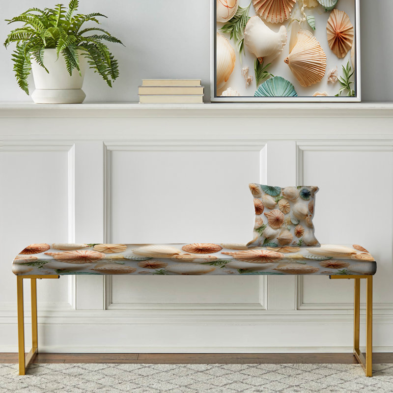 Vintage Seashells Tropical Pattern - Coastal Upholstered Gold Bench