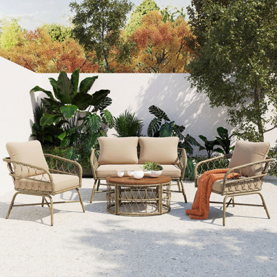 Ensemble de conversation d'extérieur 4 personnes avec coussins amovibles, ensemble de patio conversation avec plateau en bois d'inspiration bohémienne, beige