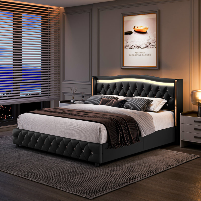 Areyon Upholstered Wingback Storage Bed, King, Black