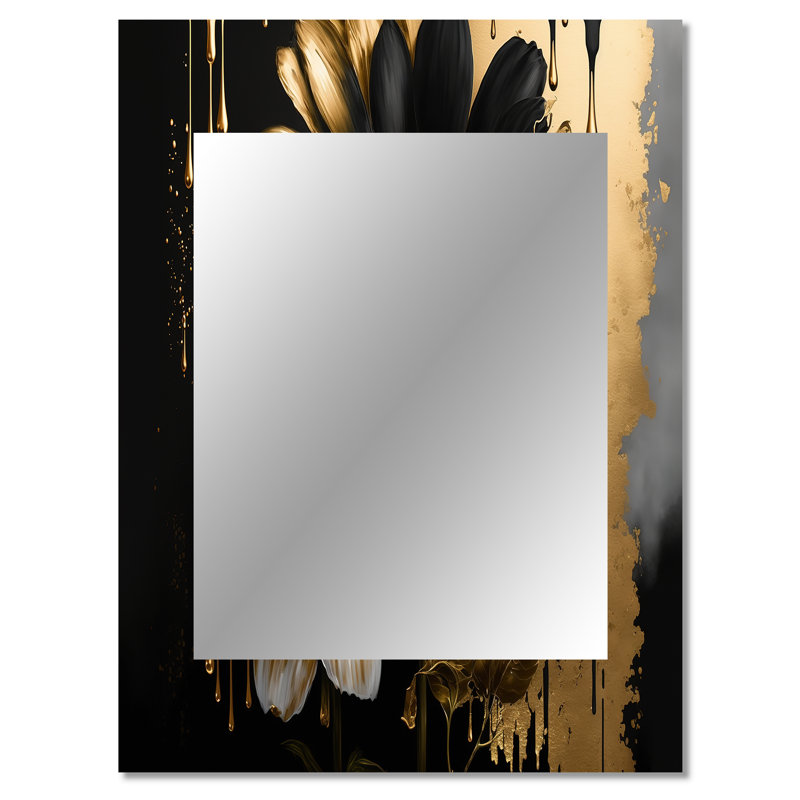 Black And Gold Daisy II - Daisy Decorative Wall Mirror, Traditional Mirror, Printed Metal Art, 40" x 30"