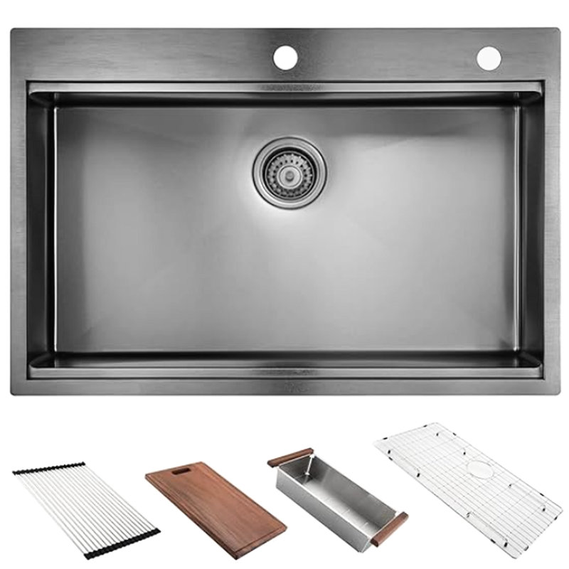 Kitchen Workstation Sink 30" X 22" Black - 16 Gauge Stainless Steel Steel, Gauge, Space Saving