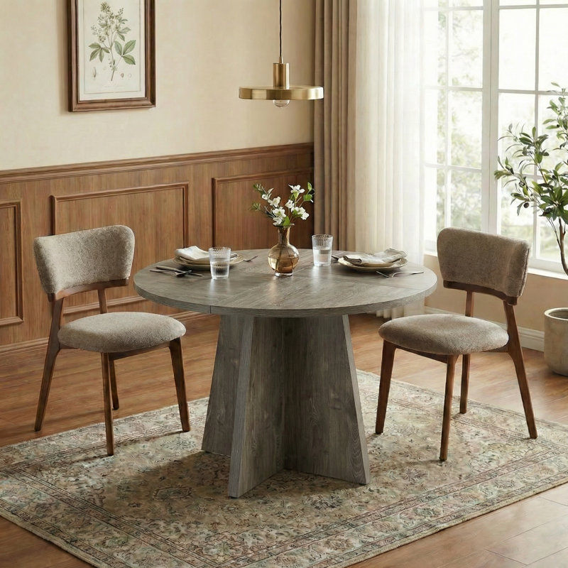 Rohun 47.2"L Round Modern Kitchen Dining Table Set With 32.1"H Dining Chair, Brown, Gray, 3 Pieces: Table, 2 Chairs