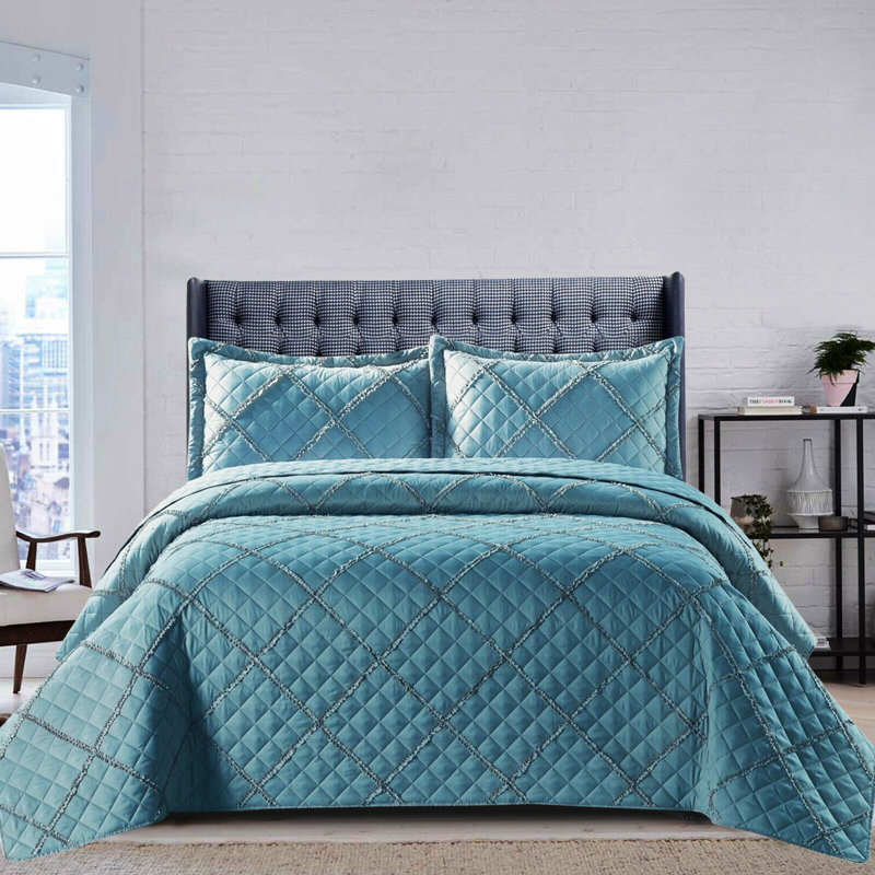 Dez Polyester Geometric Shapes Bedspread with Pillow Shams, 185 x 240 cm, Blue