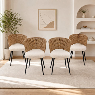 Ensemble de 4 chaises de salle à manger en rotin, chaises de style champêtre avec dossier en rotin et pieds en métal