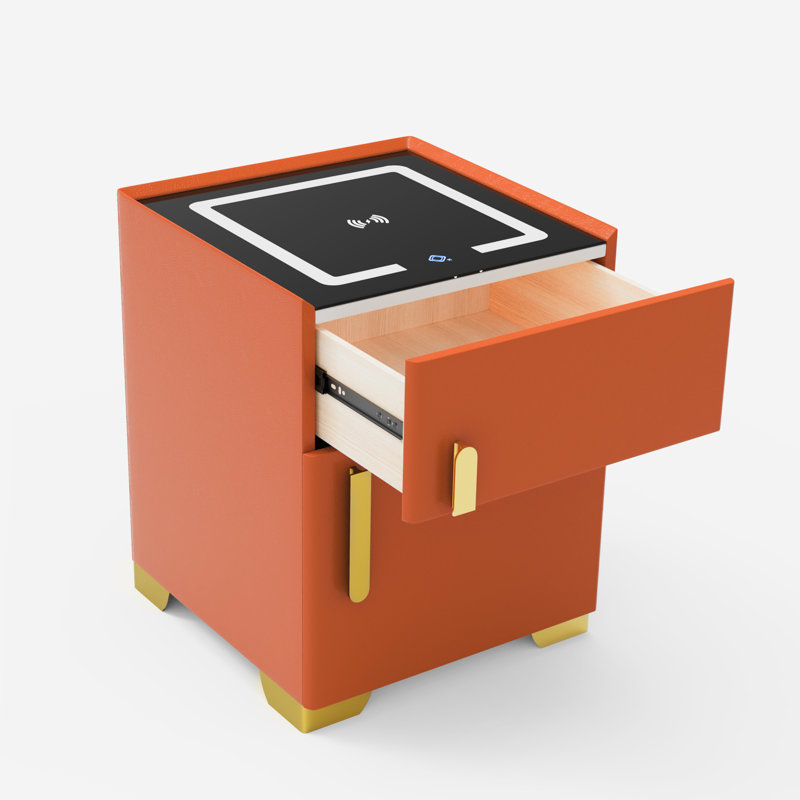 Modern 1 - Drawer Nightstand With Safe Case, Wireless Charging & Led Light (pre-assembled), Orange