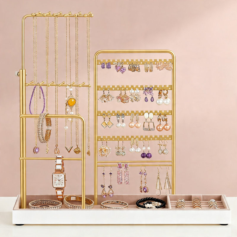 Jewellery Holder with Metal Frame and Velvet Tray, Height Adjustable from 12.1 to 18.7 Inches, for Rings and Earrings, 1, Pale Gold