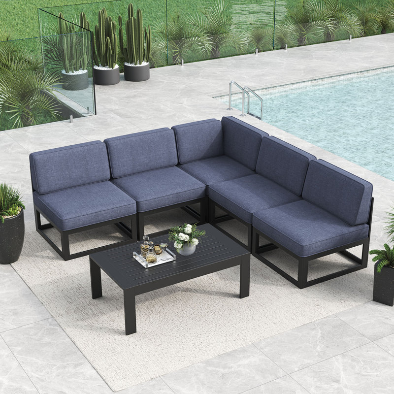 6 - Piece Outdoor Modular Sectional Set with Coffee Table, Navy Blue