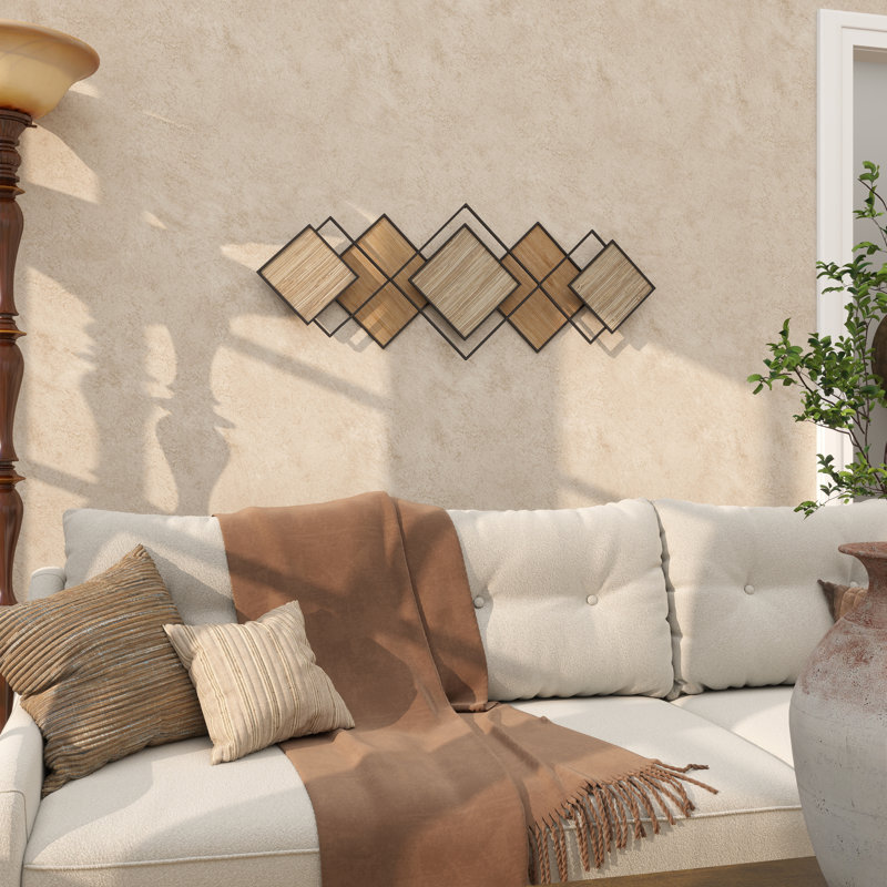 Bamboo Wood Overlapping Diamond Geometric Brown Wall Decor with Metal Wire
