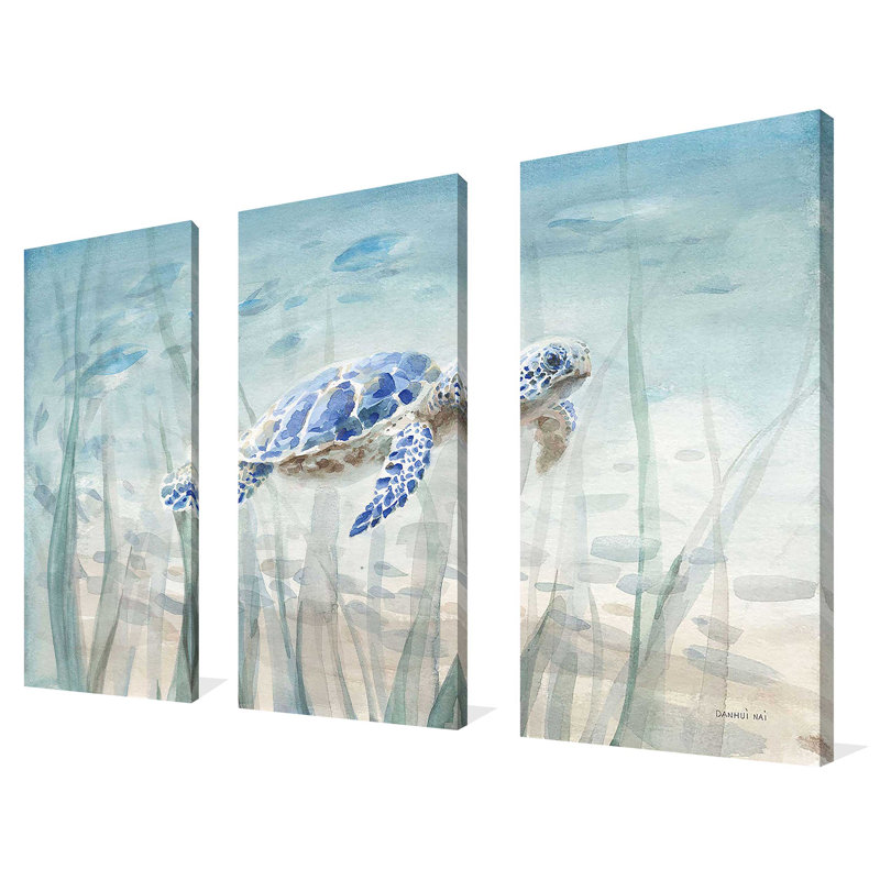 "Tortue sous-marine" par Danhui Nai, reproduction sur toile 3 pièces, H 32 po x l 48 po x P 1 po