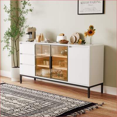 Armoire latérale robuste en métal avec 3 tiroirs Porte en verre, rangement multifonctionnel pour verres à vin et amp; Décoration