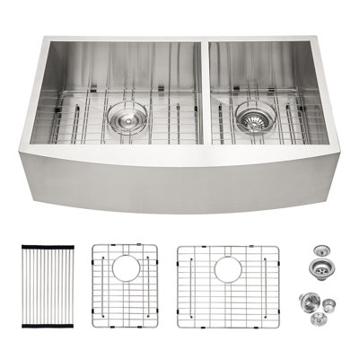 Évier de cuisine à double cuve en acier inoxydable de 36 po x 20 po x 9 po à tablier frontal en acier inoxydable de calibre 16 avec deux cuves profondes de 9 po
