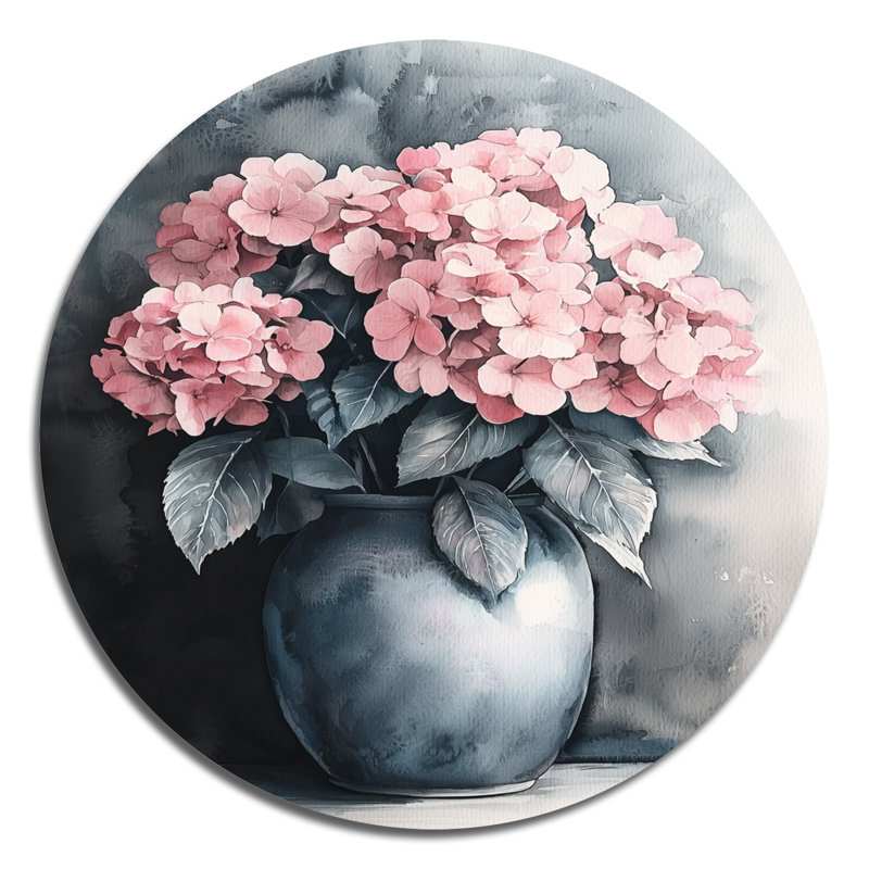Hortensia rose dans un vase monochrome - Hydrangea, art mural rond en métal pour le salon, H 29 po x l 29 po