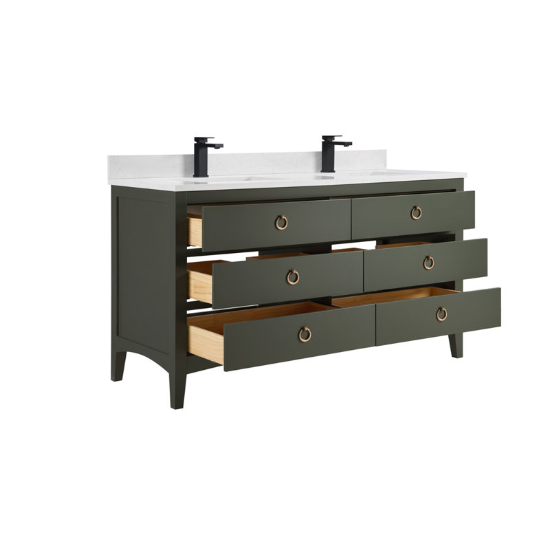 60" Solid Wood Sink Vanity With 1" Artificial Stone Top, Pewter Green, Rose Gold