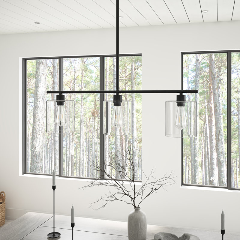 Luminaire suspendu linéaire avec abat-jour en verre à 3 lumières pour îlot de cuisine Bly