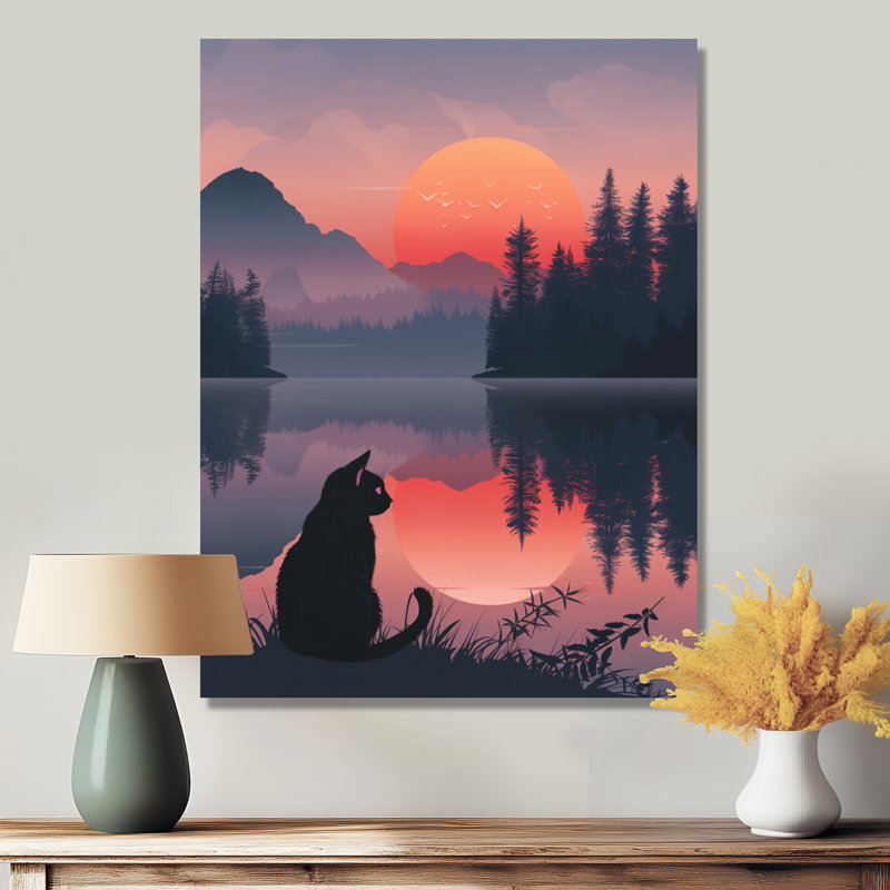 Chat rose noir avec silhouette de lac Sunset II, Toile tendue, H 20 po x l 12 po