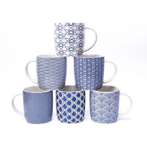 Set Of 6 11.5 Oz Coffee Mugs With Black And White Geometric Patterns, Ceramic Tea Cup Set(one is broken)