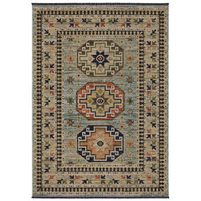Tincie Tribal Triple Medallion Pale Teal/ Multi Wool Blend Area Rug