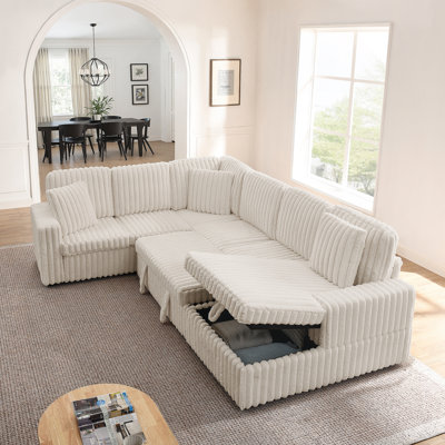 Canapé rembourré en velours Corduroy, canapé combiné en forme de U moderne et minimaliste, méridienne et rangement escamotable, canapé-siège souple - beige (assemblage requis)