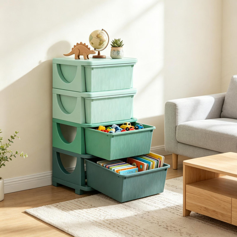 Tiroirs de rangement pour jouets, organisateur de salle de jeux multi-niveaux à 4 tiroirs, tour de rangement, unité de tiroir verticale peu encombrante