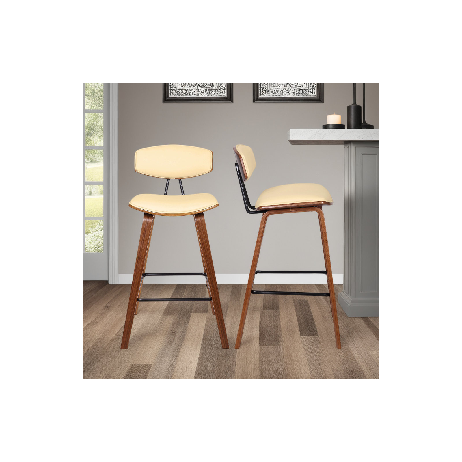 Payton Vegan Leather Bar & Counter Stool, Bar Stool (29" Seat Height), Cream Faux Leather, Walnut