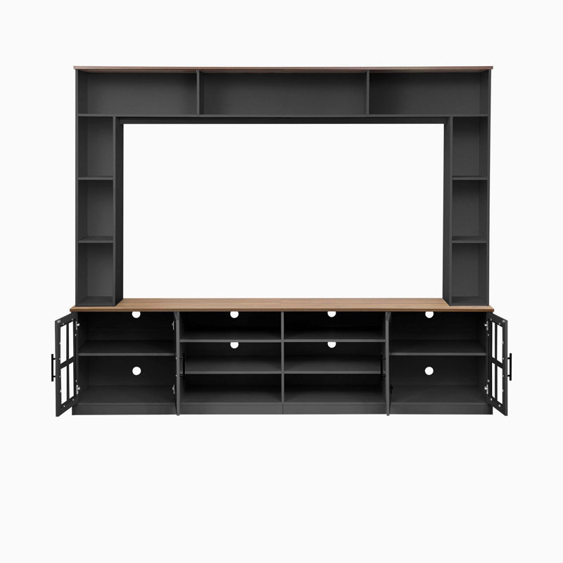 Meuble audio-vidéo mural avec tablettes ouvertes, console média en verre trempé et tablettes intérieures réglables pour les grands téléviseurs