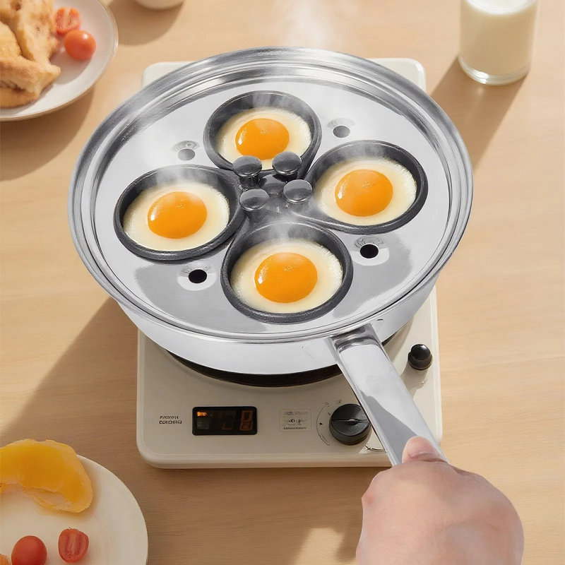 Cuiseur à œufs multifonctionnel en acier inoxydable avec 4 tasses à œufs de grande capacité, plateau amovible et couvercle en verre trempé. Convient à diverses surfaces de cuisson.