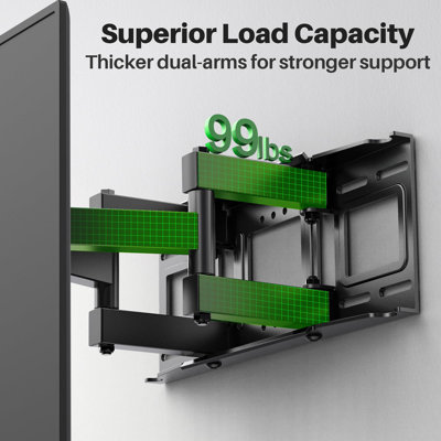 Support mural articulé pour téléviseur à mouvement complet, compatible avec les téléviseurs de 32 à 70 pouces jusqu'à 99 lb, support à double bras pivotant et inclinable, VESA maximum 400 x 400 mm, compatible avec des montants en bois de 12 po / 16 po