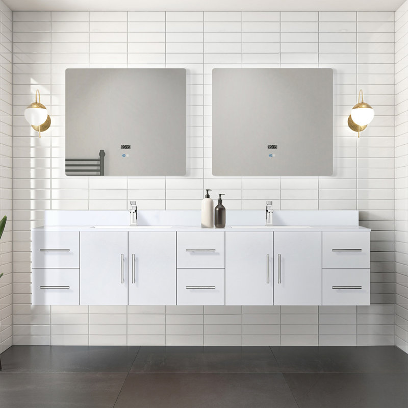 Meuble-lavabo double blanc lustré 84 po X P 22 po D, avec plateau en quartz blanc, H 19 po x l 84 po x P 22 po, Blanc lustré