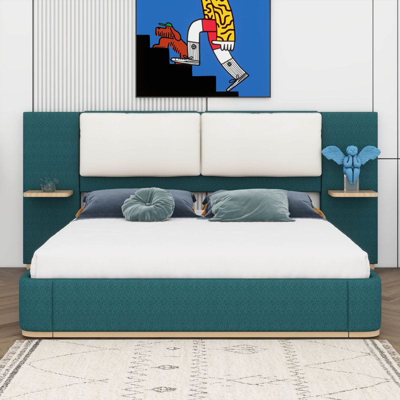Très grande base de lit tapissier plateforme, tête de lit à panneau avec coins arrondis doux anti-collision, lattes en bois massif