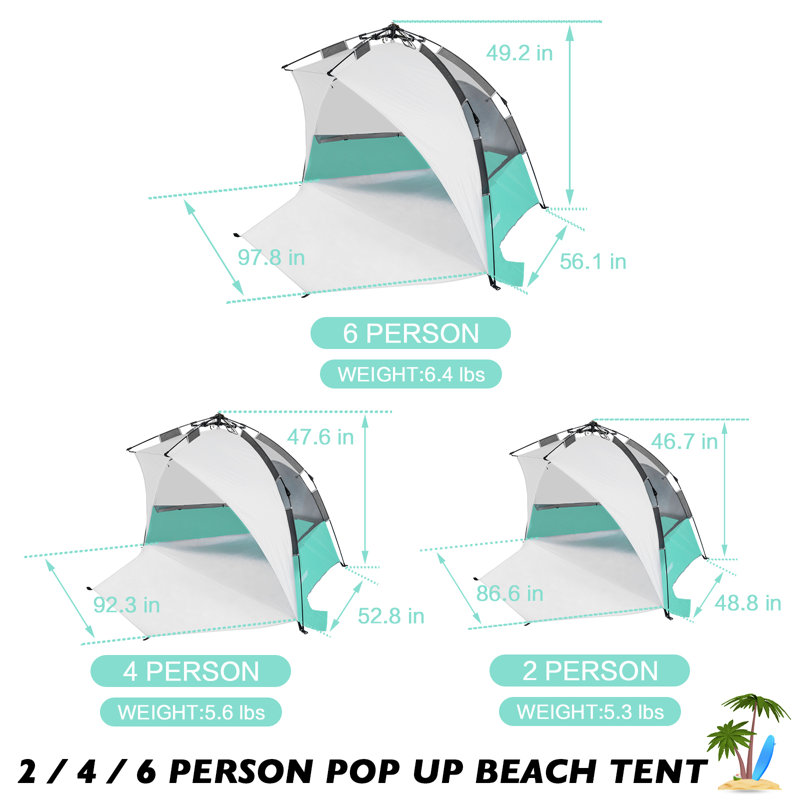Automatic Pop Up Beach Tent Waterproof Portable Hiking Instant Cabin, White/Turquoise, 47.6" H x 52.8" W x 92.3" D