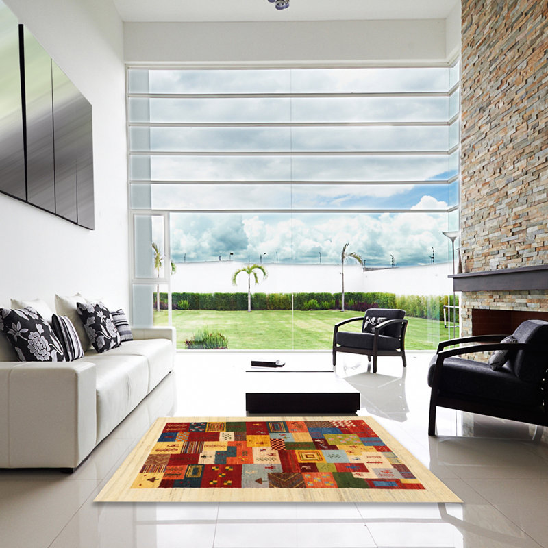 Tapis beige/vert/rouge contemporain, Carré 6 pi