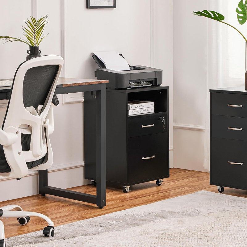 Vertical File Cabinet With 2 Drawers And Open Shelf, Lockable Wheels, Printer Stand For A4 Letter Size Files, Ideal For Home Office Use