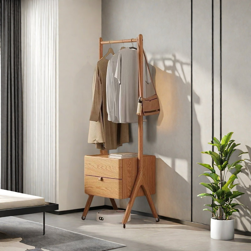 Solid Wood Coat Rack Thick Rod Movable Storage