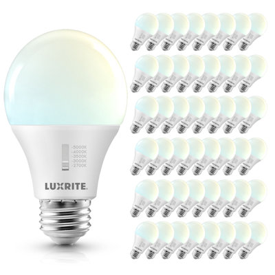 Ampoule DEL Luxrite A19 CRI90, 5CCT sélectionnable 2700K-5000K, à intensité variable, ampoules à DEL standard, titre CA26 E26, ETL, paquet de 48