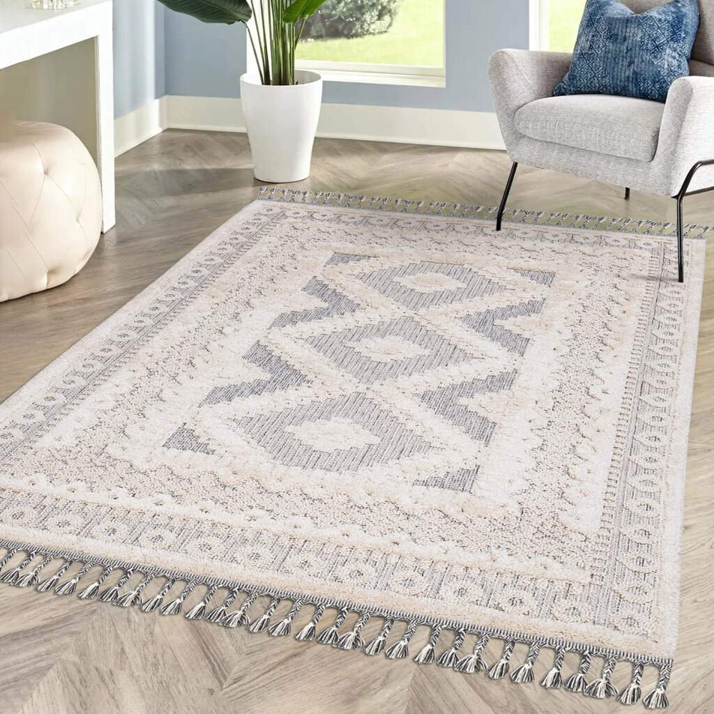 Teppich Wohnzimmer Boho-Stil Creme Graublau Bordüren-Look Relief-Optik 3D-Effekt Cut-&Loop Sisal Moderne Fransen Acme