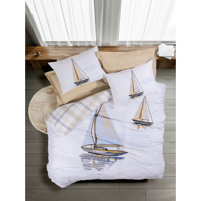 100% Cotton Ranforce Quilt Cover Set, Beige & White | Includes 63 x 87 Duvet Cover, 63 x 94 Flat Sheet, 20 x 28 Pillowcase | Machine Washable, 145 Thread Count, Buttons & Envelope Closure | Soft & Durable for Cozy Comfort