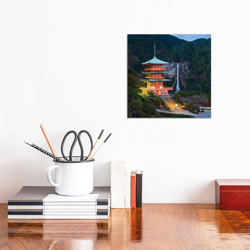 Three-Story Pagoda With Nachi Falls In The Background, Kumano Nachi-Taisha, Japan by Jan Becke - Wrapped Canvas Print