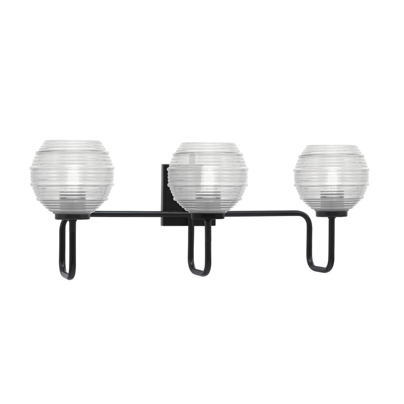 Barre d'éclairage de salle de bain 3 lumières Amarmula, finition noir mat, verre côtelé transparent de 6 po, Noir, Clair