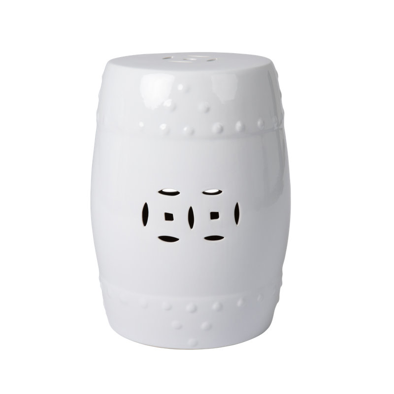 Optic White Ceramic Garden Stool with Double Medallion Design