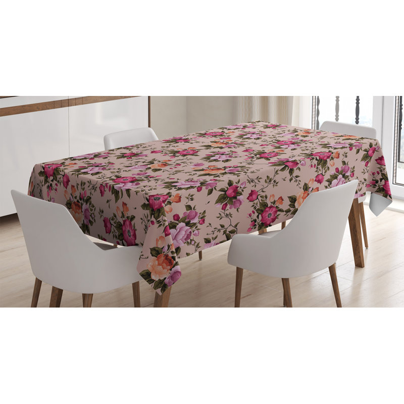 Ambesonne Flower Tablecloth, Floral Pattern With Roses Twig Warm Colors Flower Arrangement Bouquets, Rectangular Table Cover For Dining Room Kitchen Decor, 52" X 70", Tan Pink Dark Green